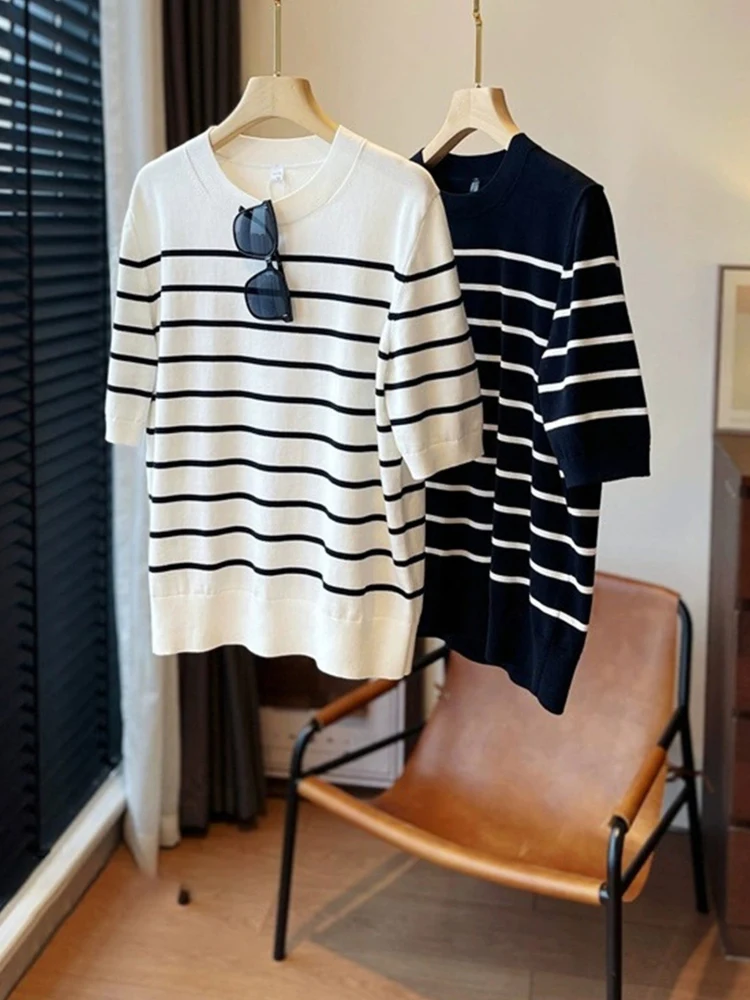 Sommer Faionable Farbe Blo Streifen ort Sve Gestrickte Pullover frauen runde Ne Pullover Top Koreanische Sle Lose Fit