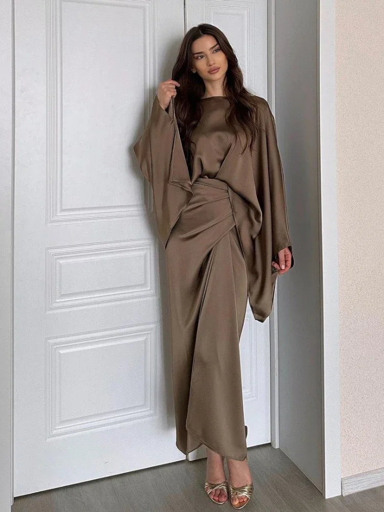 Eid women 2 Piece Set for woman Satin Bat Sleeve Shirt &Skirt Ramadan Woman Kimono Robe Caftan 2024 Musulman Ensembles suits