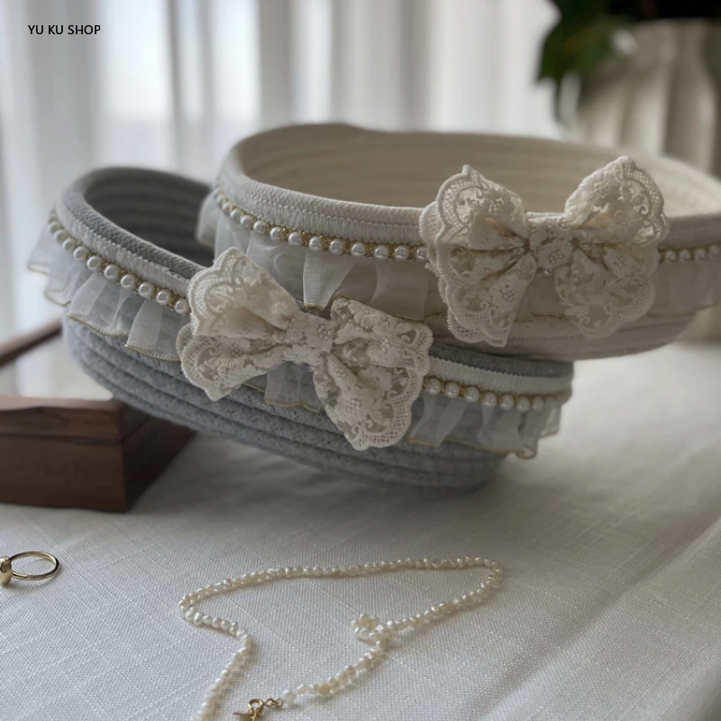 

Vintage Lace Edge Storage Baskets Cotton Cord Desktop Storage Box Bow Pearl Decoration Mobile Phone Key Tampon Home Organization