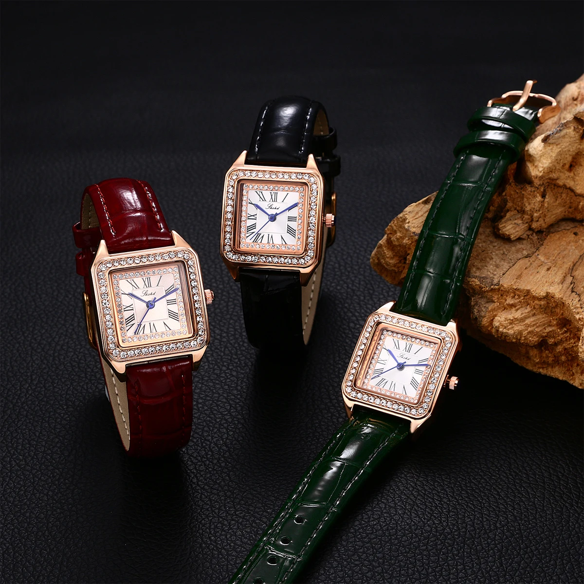 Lancardo نساء بنات ساحة الأرقام الرومانية التناظرية حجر الراين عرض فاخر الهاتفي الفولاذ المقاوم للصدأ حلقة من الجلد ساعة معصم هدية