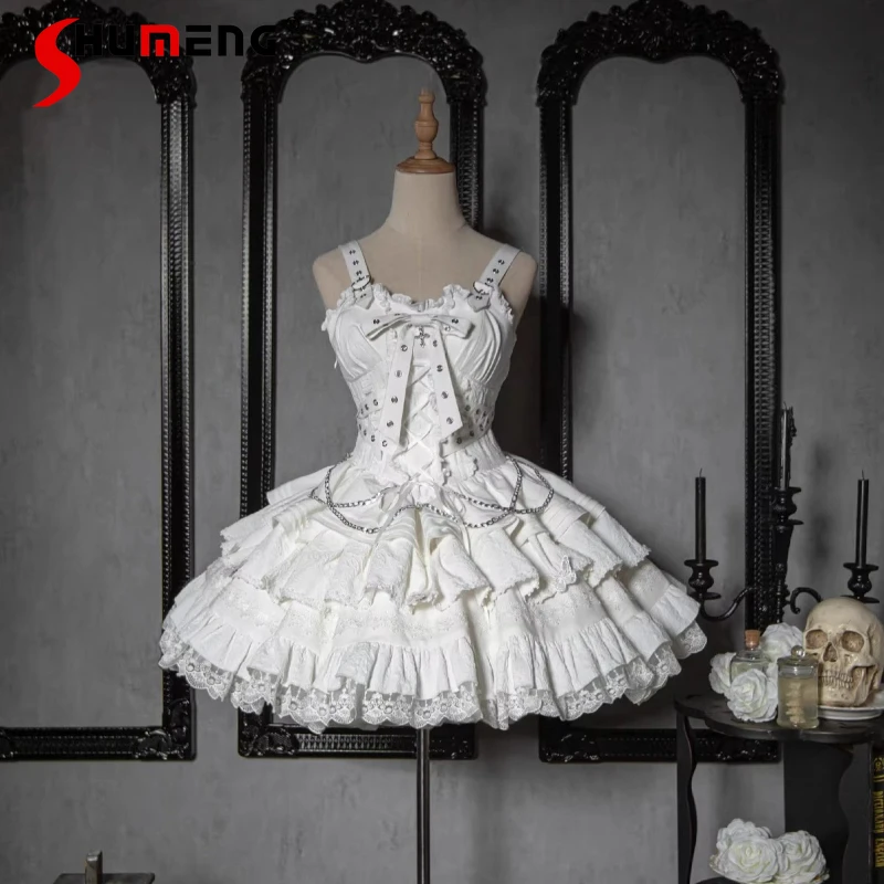 

White Gothic Lolita JSK Dress Cute Bow Slim Spaghetti Strap Pettiskirt Sweet Girl Women's Mini Dresses Small Waistcoat 2-Pieces