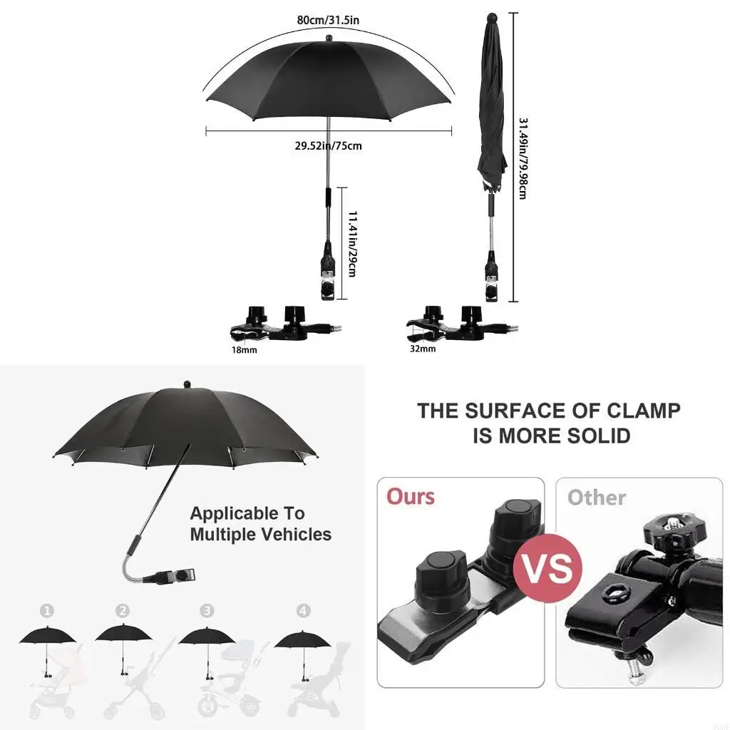 

95AE for Sun for Protection Pram Parasol Stroller Easy Assembled Anti-UV Umbrella Pushchair Wheelchair Outdoor Accs Bla