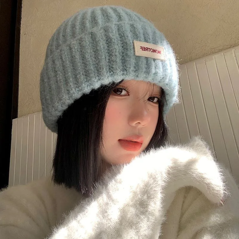 Winter Thick Warm Knitted Beanie Hat For Women Korean Soft Fluffy Cable Knit Skullies Cap Fashion Solid Female Cold Bonnet