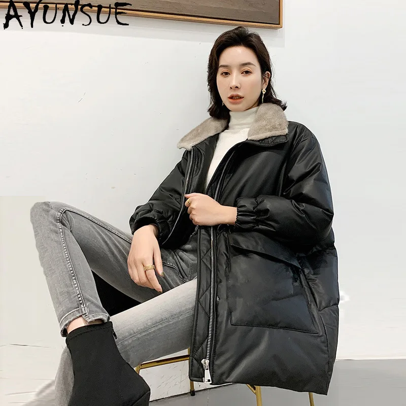 AYUNSUE Women\'s Winter Down Jacket 90% White Duck Down Jackets Real Sheepskin Coat Korean Parkas Woman Mink Fur Collar coats