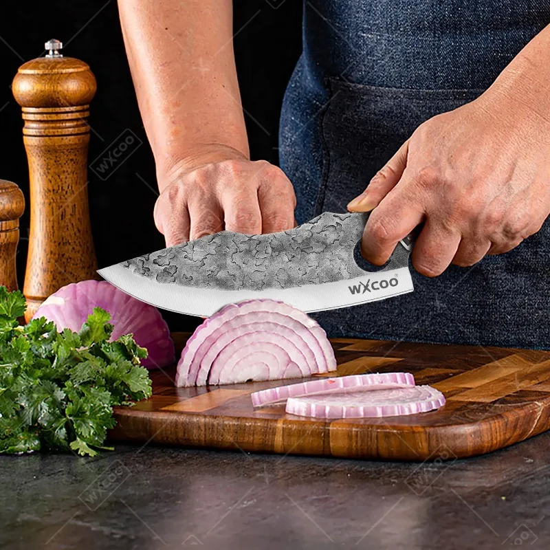WXCOO Butcher Knife Forged Hammer Pattern Meat Cleaver Stainless Steel Knives Kitchen Boning Knife Wooden-handled Cooking Tools