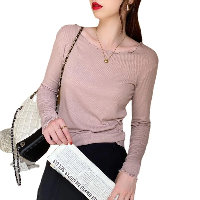 Women's Candy-Colored Wooden Ear Edge Long-Sleeved T-Shirt - Spring New Style