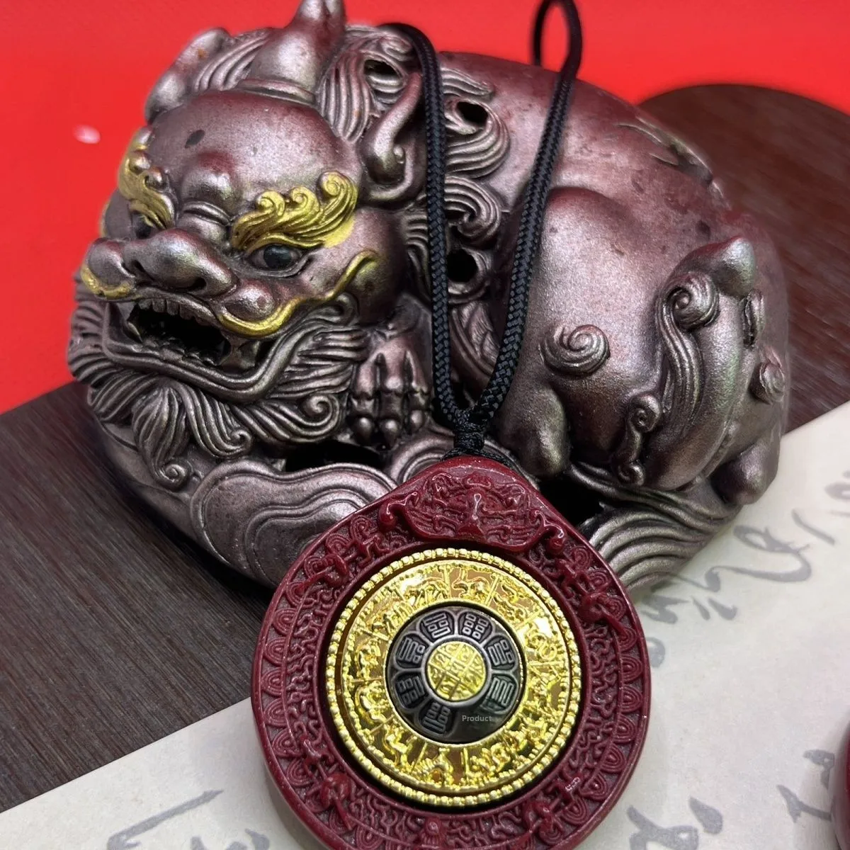 Chinese Style Lucky Cinnabar Rotatable Nine Palaces Bagua Pendant Tibetan Eight Treasures Compass Unisex Necklace Blessing Wealt