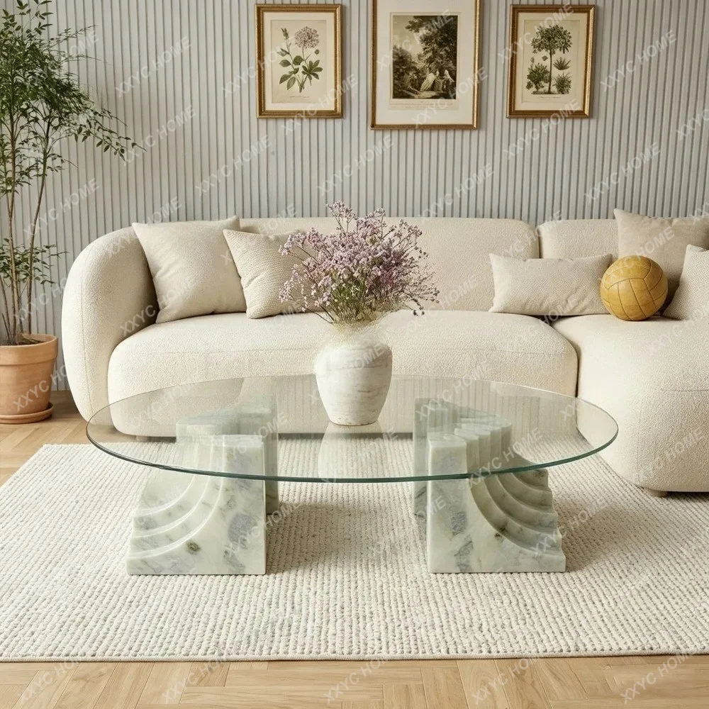 AA light luxury high-grade natural marble glass oval coffee table living room tea table
