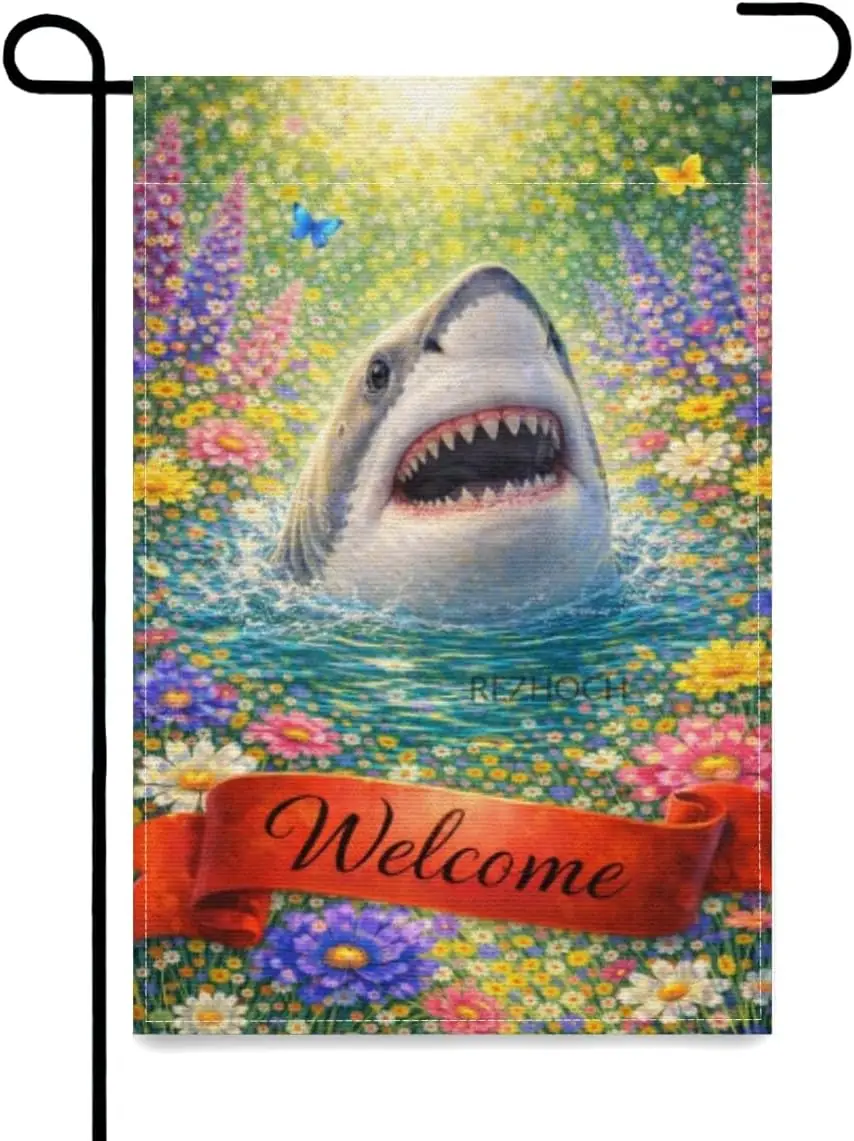 Welcome Garden Flag 12x18Inch,Cute Shark Colorful Flowers,Spring Summer Outdoor Yard Lawn Decor,Fun Animal Oil Painting Doub PPZ