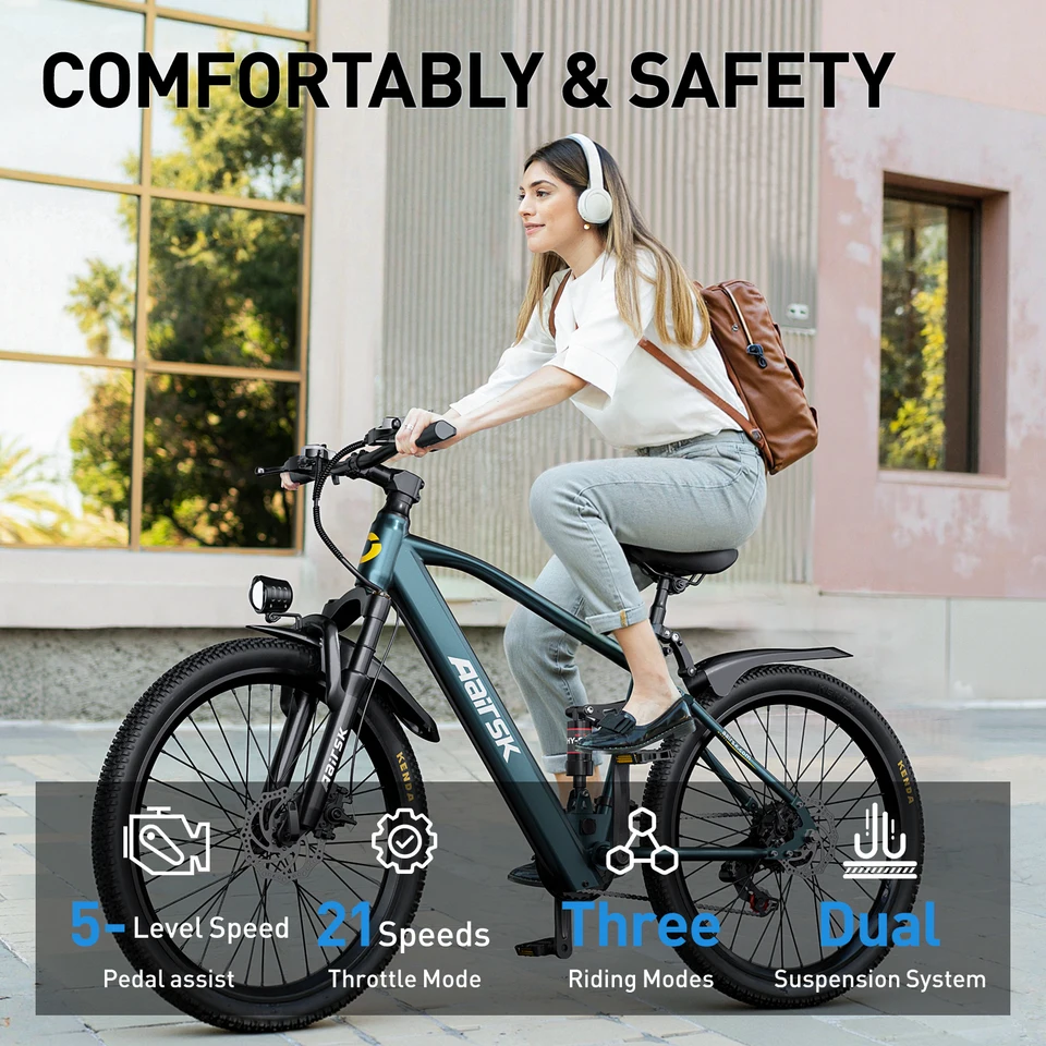 Aairsk GT900 24-Inch Electric Bike Is Equipped with a 36V 13Ah Battery, 21 Gears, 3 Riding Modes and a 748W Motor. This Full-Suspension Electric Bike Is Suitable for Adults and Teenagers for Commuting and General Travel. image 6