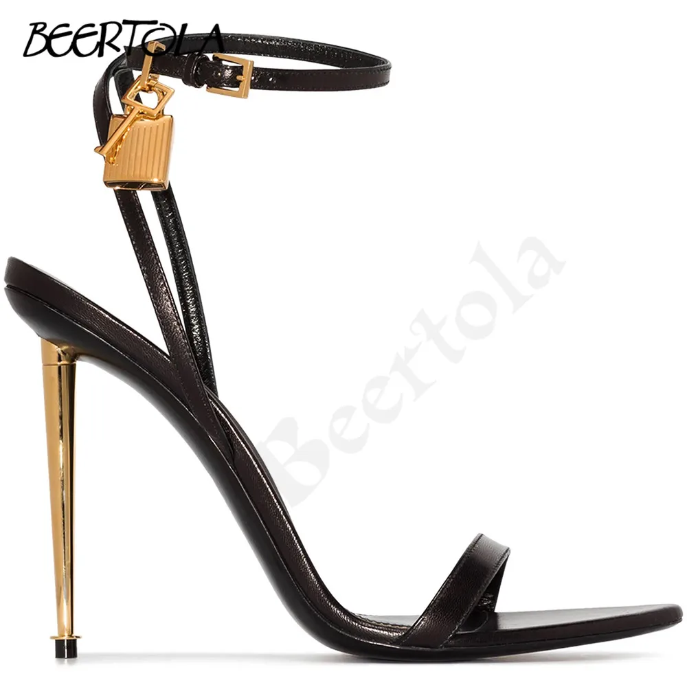 Women's Metal Heel One-Strap Sandals Round Toe Stiletto Heels Metal Buckle Textured High Heel Sandals Temperament Fashion Sandal