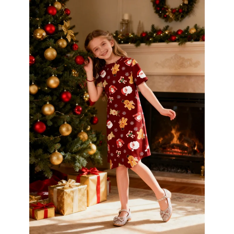 Girls Christmas Themed All-Over Printed Short-Sleeved Dress Holiday Atmosphere Children's Clothing 2026