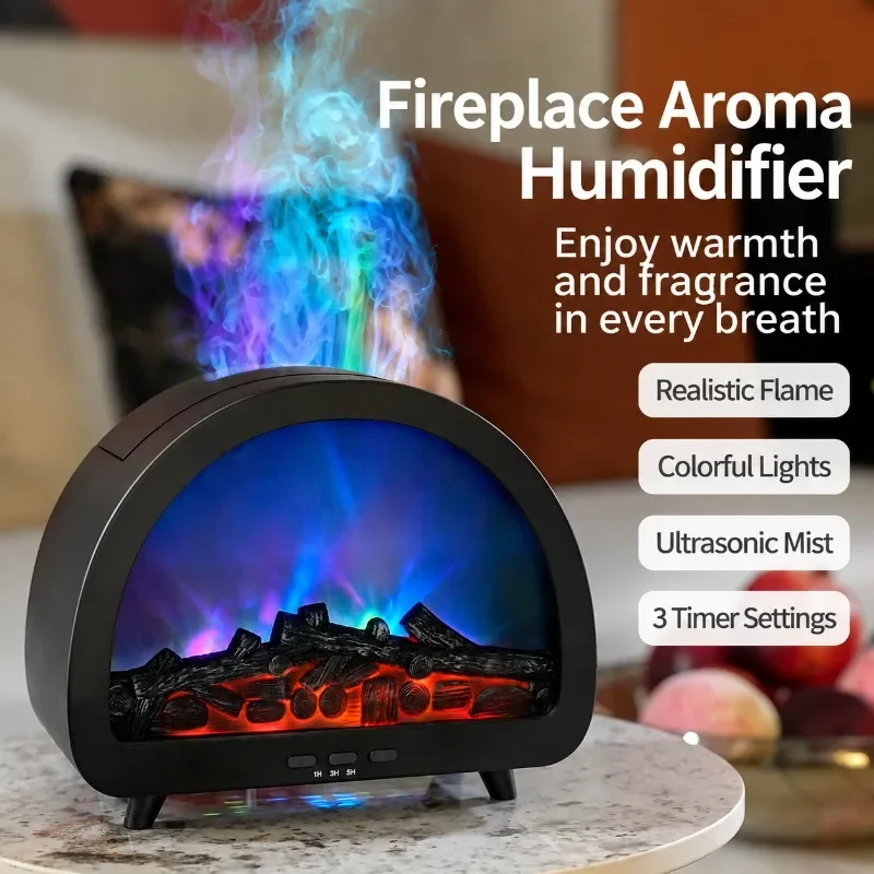 Fireplace Flame Aroma Humidifier Colorful Aurora Flame Aroma Diffuser Desktop Essential Oil Diffuser with Timer Home Fragrance