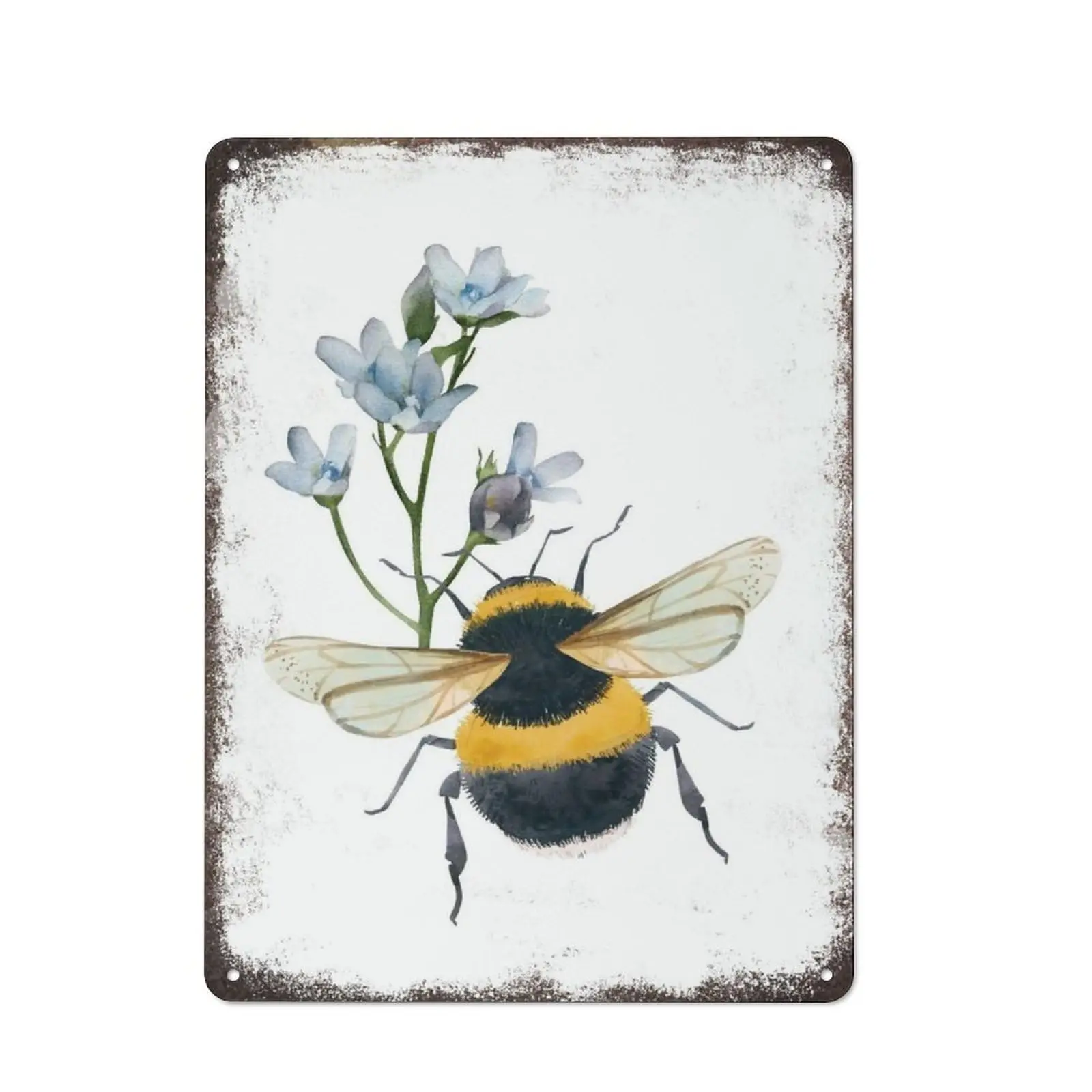 Watercolor Bee Flowers Wall Art Bumble Bee Floral Art Spring Decor Metal Tin Sign Plaque Poster Vintage Wall Room Gift Aluminium