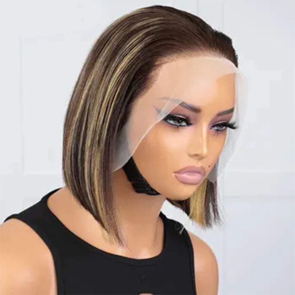 Ombre Highlight Bob parrucca capelli umani parrucca corta diritta 13*4 parrucche anteriori in pizzo dei capelli umani Pre pizzicate per la qualità del salone 200 densità