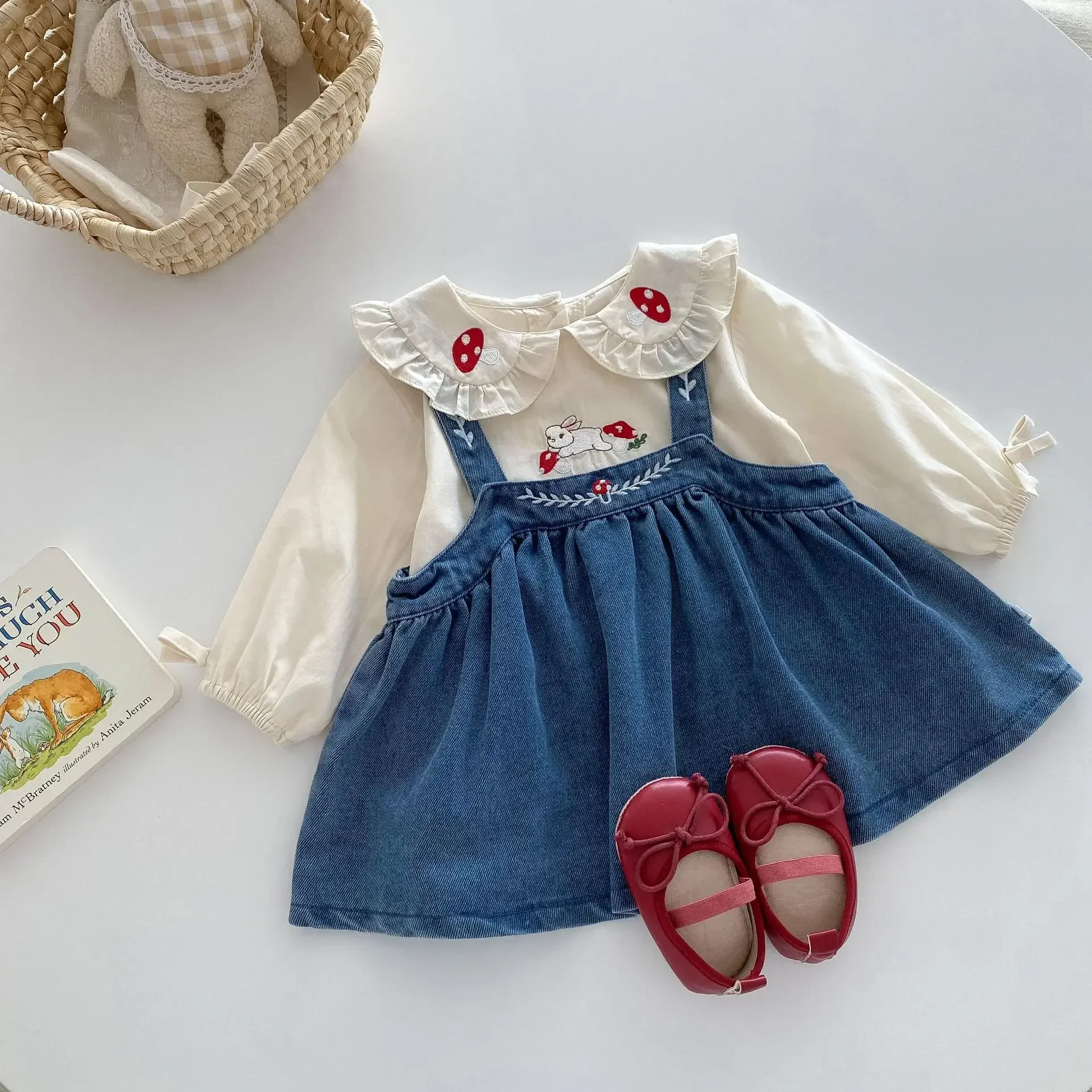 4135 Toddler Baby Girls Rabbit Blouse and Denim Skirt Suspender Skirts for Newborn Baby Clothes Set 2pc