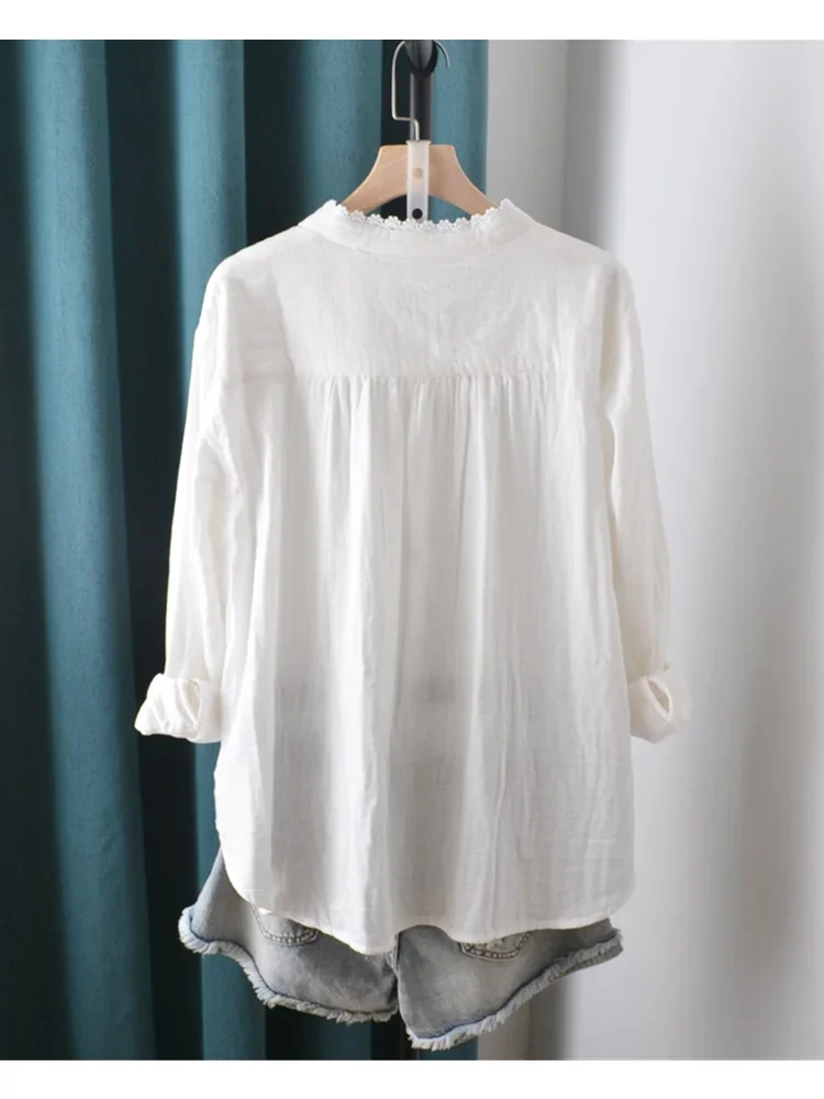 

Lamtrip Sweet Lace Edge Cotton Yarn Stand Collar Long Sleeve White Shirt Blouse