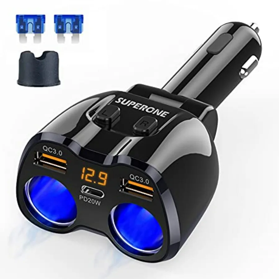 

2026 Upgraded] Cigarette Lighter Splitter, 180W 2-Socket Cigarette Lighter Adapter with Dual QC3.0 and 20W PD USB C Car Charger