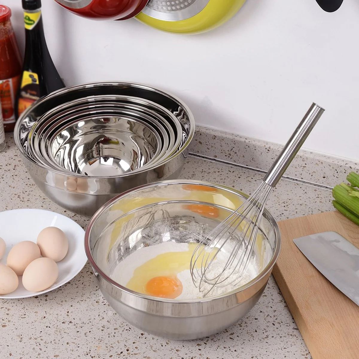 Sartén de acero inoxidable con tapa para hornear, cuenco para servir verduras, cuencos para mezclar, contenedor grande para ensalada de frutas