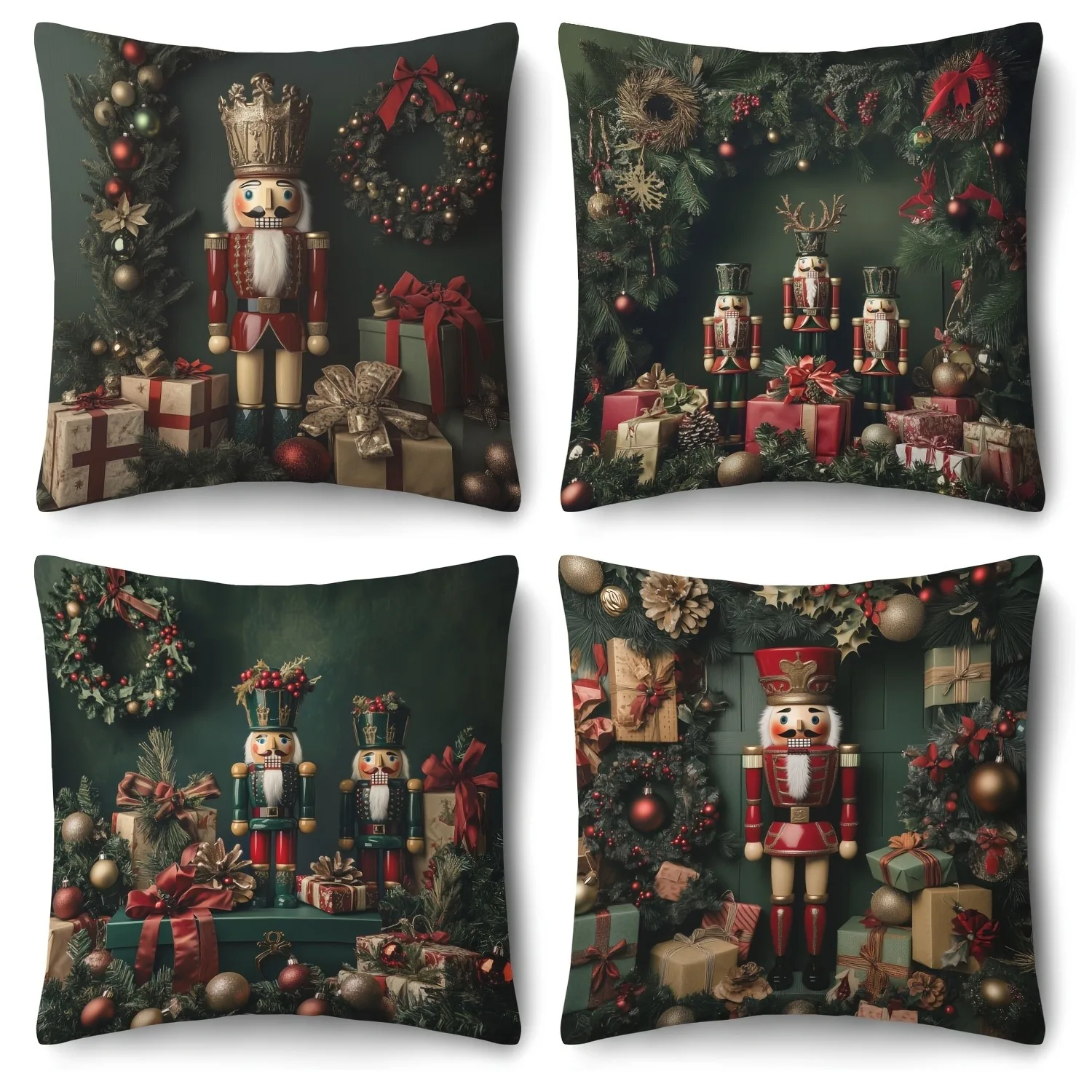 Christmas Nutcracker and overflowing Gifts: Green Pillow Room Festive New Year Home Decoration 2d flat printing