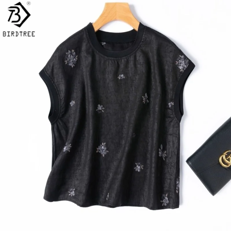 

Birdtree 100% Mulberry Silk Black T-shirt,Women Craquelure O-neck Flower Embroidery Short Sleeve Blouse Top,2025 New T57820JF