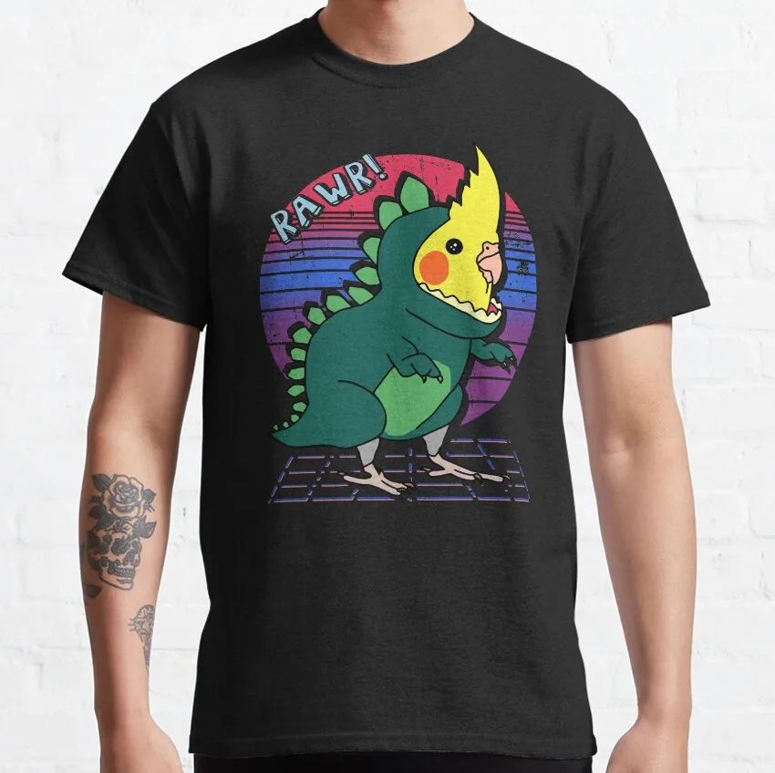 Creative Aesthetic Vaporwave  Cockatiel Dinosaur Doodle T-Shirt for Men 100% Cotton Parrot Bird Short Sleeve Tee Original Tops