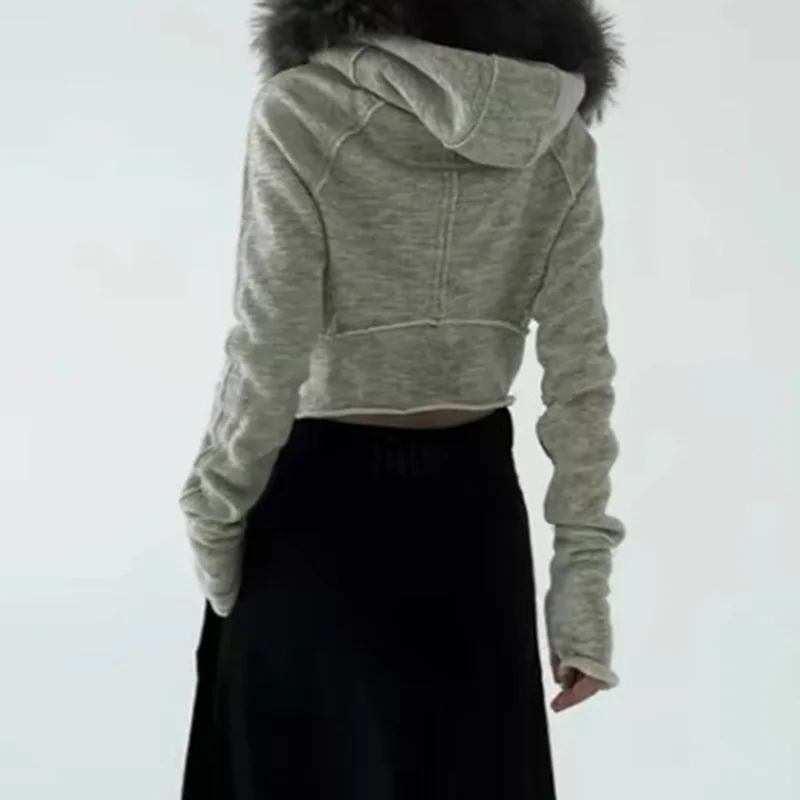 เสื้อฮู้ดดี้สไตล์วินเทจสำหรับผู้หญิง มีซิป แต่งขนเฟอร์ที่คอ  แบบลำลอง มีกระดุม  กระเป๋าเย็บติด  สตรีทแวร์  คาร์ดิแกน