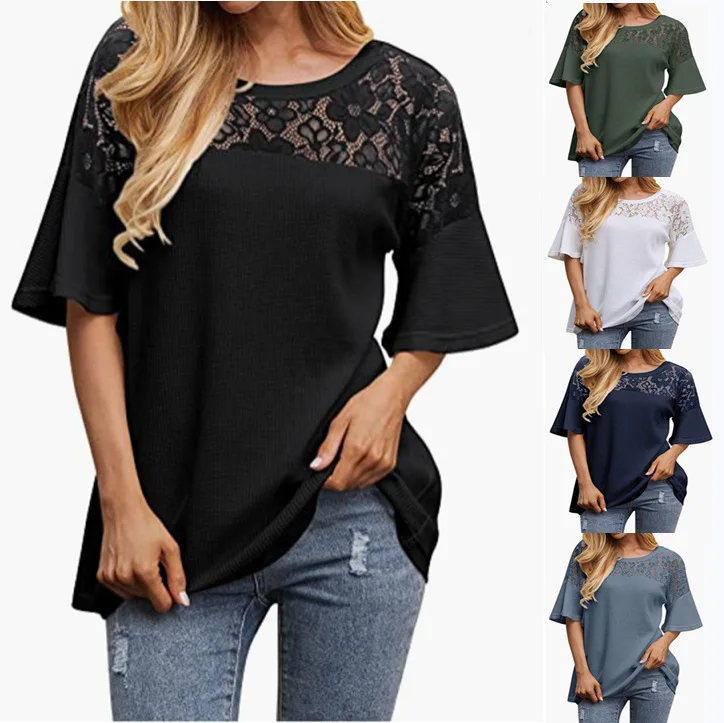 

Summer Lace Patchwork Loose round Ne 3/4 Sve Tops Women's Casual Faion Pure Color Bell Sve T-irts