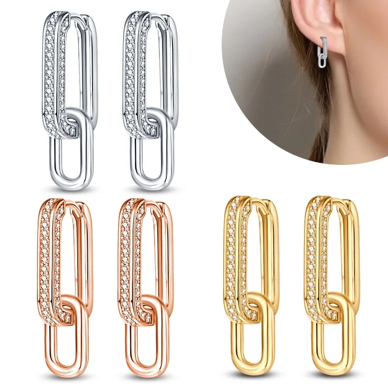 

Hot selling 925 silver geometric square interlocking stone inlaid earrings cubic women's birthday party customized gift