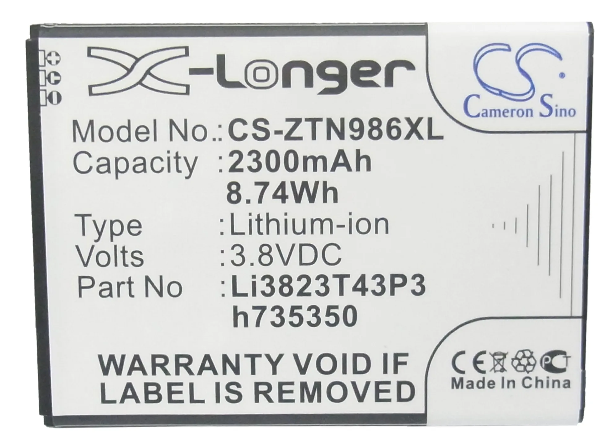 Cameron Sino 2300mAh Battery Li3823T43P3h735350 for ZTE N817,N9132,N9516,N986,Q801L,U988S,V975,Z777,Z818L, for BoostMobile  N860