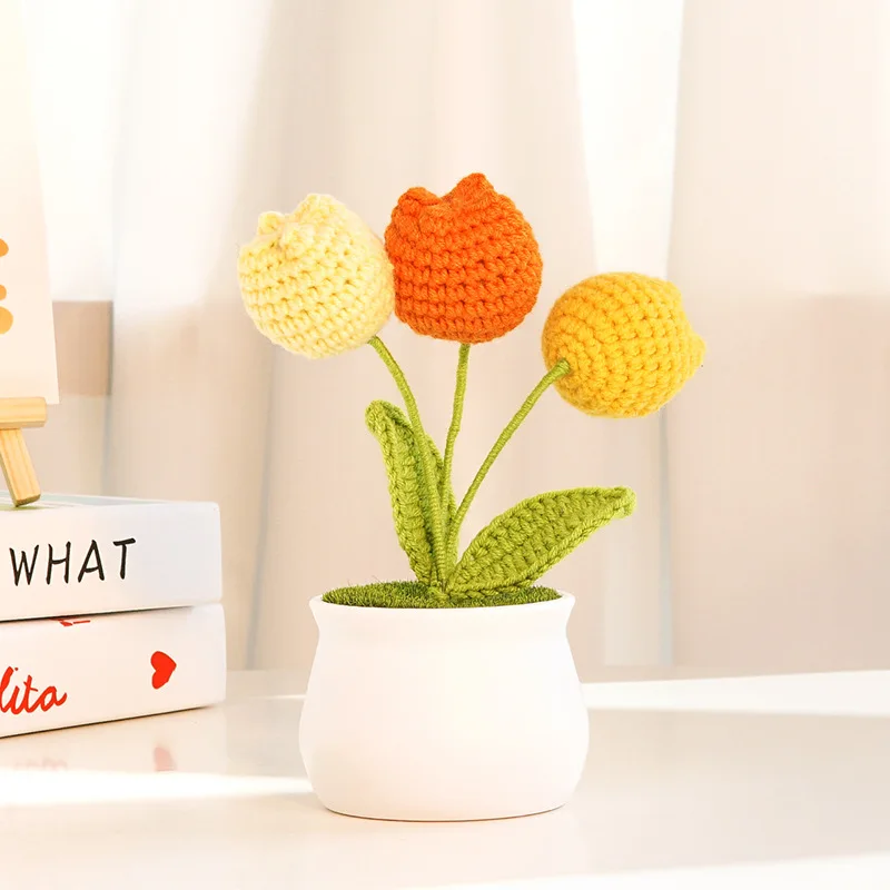 

Finished Handwoven Rose Tulip Chrysanthemum Potted Eternal Life Flower Knit Simulation Flower Crochet Bouquet Gift