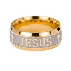 Jesus-メンズミニマリストステンレススチールリング、チタンとスチール、無漂白