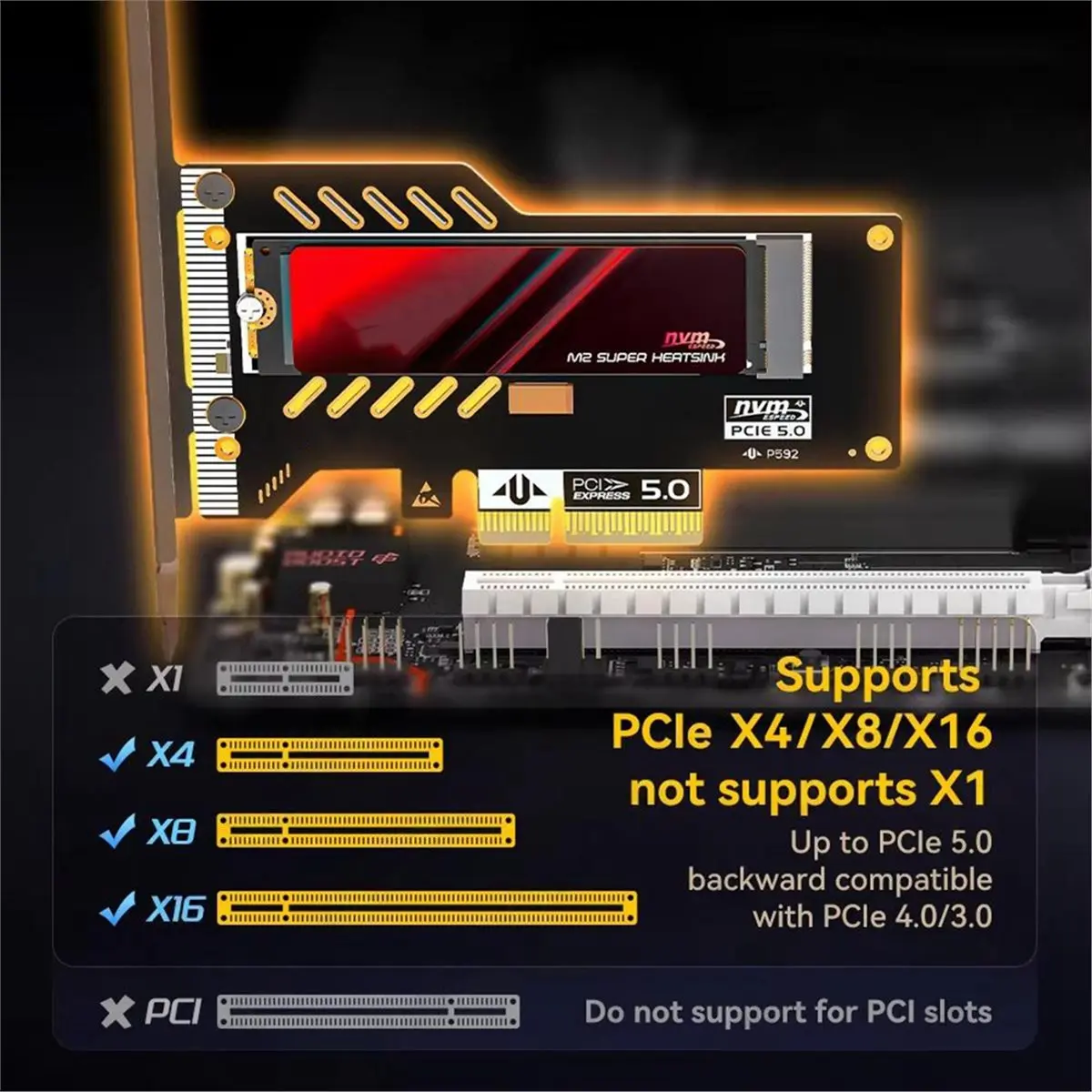 computer PCIe 5.0 X4 to NVMe Expansion Card 128Gbps Dual-Dir Bandwidth Backwards Compatible with PCIe 4.0/3.0 for Win7/8/10/11