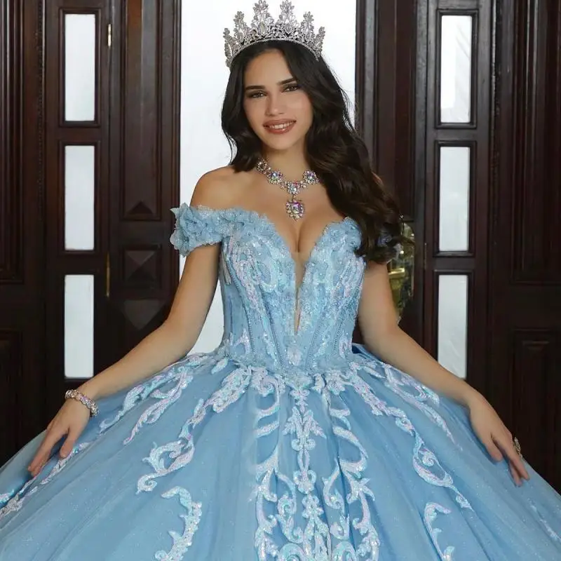 Maßgeschneiderte Quinceanera-Kleider, ärmellos, Ballkleid, Schleife mit Umhang, Applikation, Perlen, Blumen, süßes 16-Kleid, Schnürung, Vestido