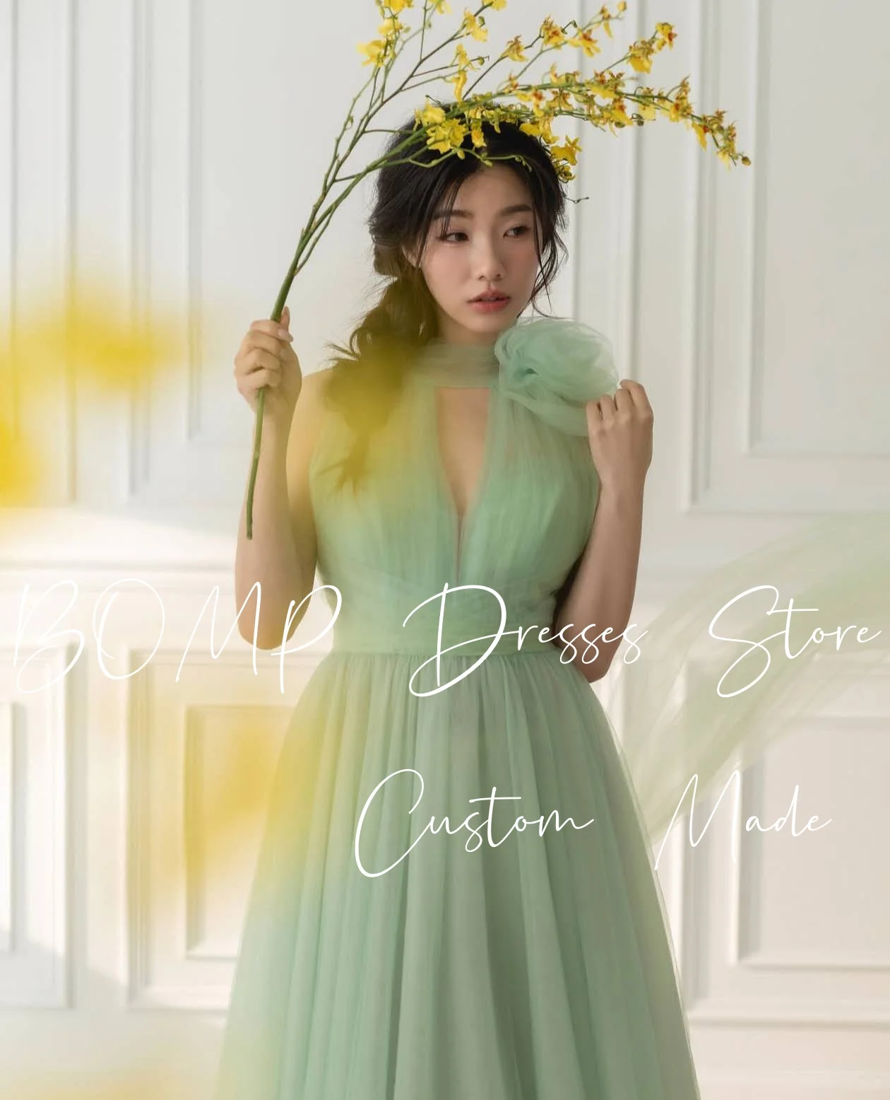 BOMP 우아한 그린 웨딩 파티 드레스 홀터 컷 아웃 드레이프 바닥 길이 Tulle Korea 사진 촬영 신부 이브닝 가운 맞춤형