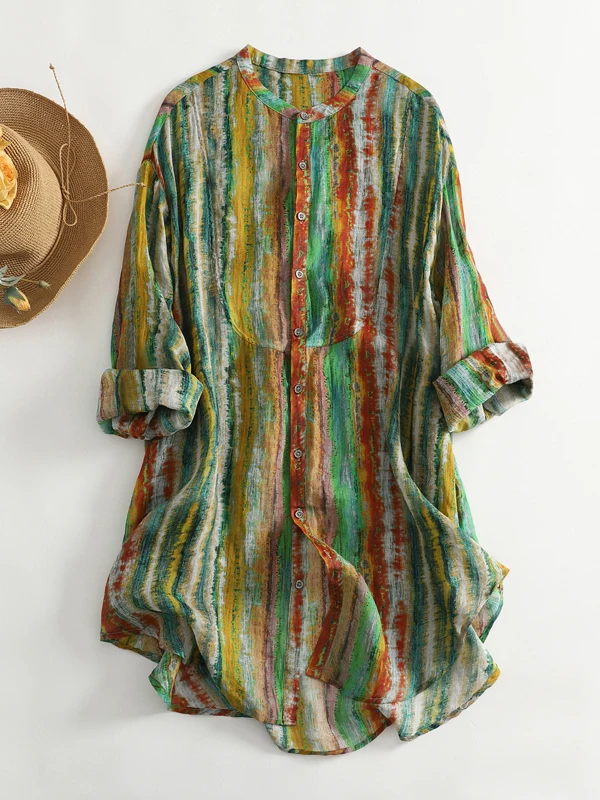 캐주얼 코튼 린넨 큰 사이즈 여성용 중간 길이 싱글 버튼 스탠드 칼라 롱 슬리브 오픈 가디건 탑 컬러 블록...