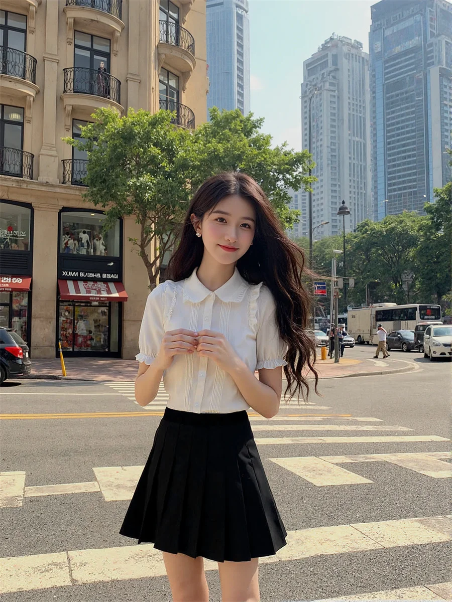 

Short Sleeve Women Shirts With Ruffles O Neck Round Collar Button Front Simple Basic Minimalist Fashion Casual Tops Blouses