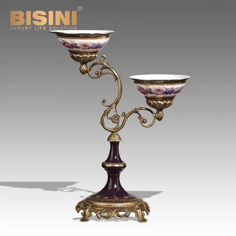 Stylish European Style Porcelain & Copper Double Tiered Fruit Bowl Hand Painted Floral Patterns Dual Level Ornamental Fruit