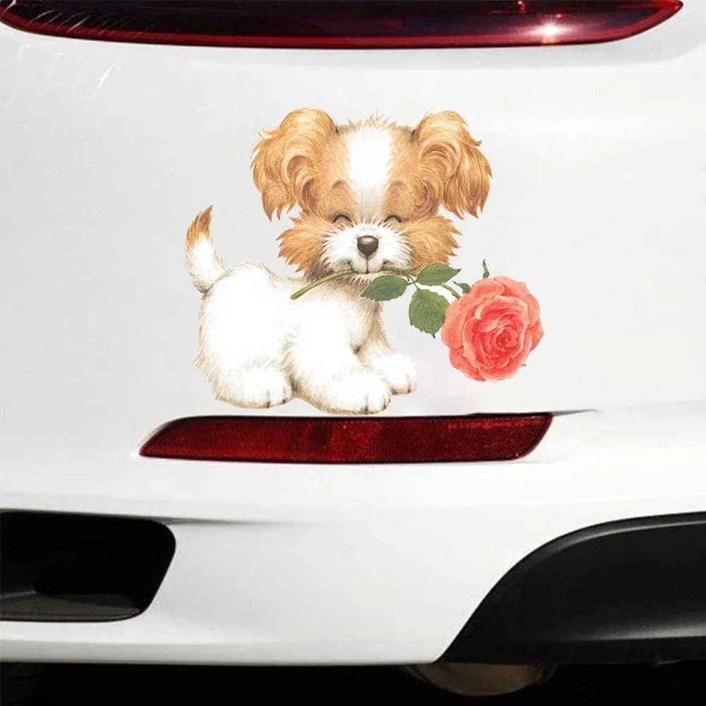 QT2586#A Cute Puppy Holding Roses  Waterproof Vinyl Stickers for Car, Laptop, Wall and Glass Surface