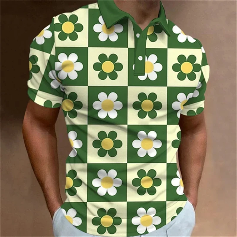 Plain Men\'s Polo Shirt Fashion 3D Printed Flower Pattern Lapel Short Sleeve Top Summer New Leisure Street Breathable Clothing