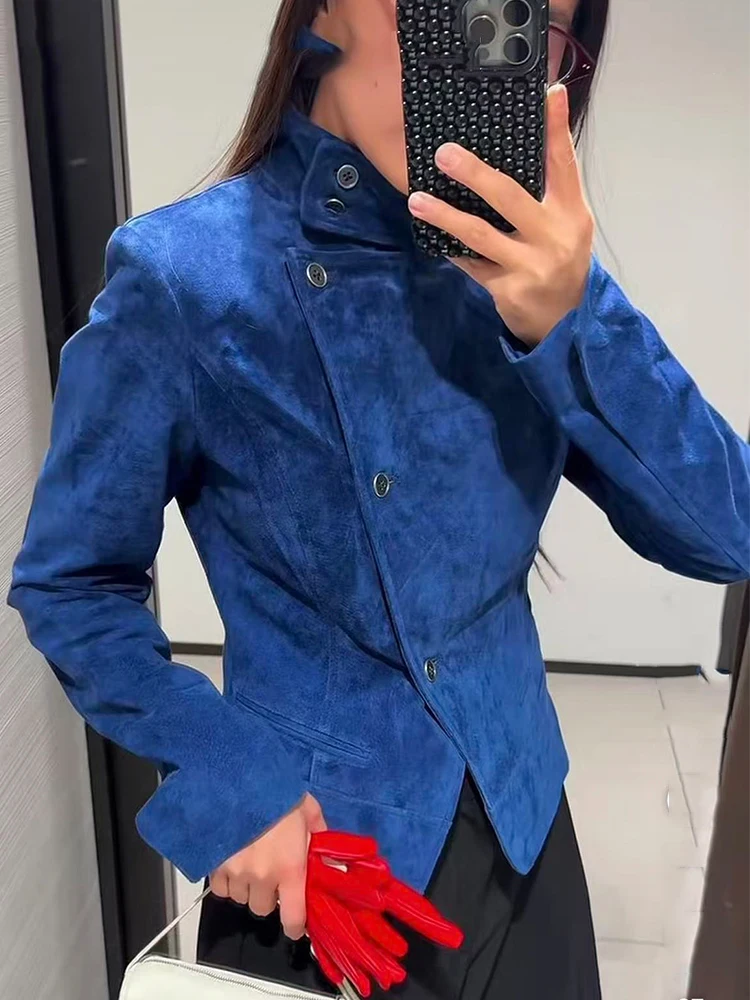 TFMLN 2026 New Women Cropped Jacket Single Breasted Long Sleeve Side Pockets Slim Irregular Button Chic Solid Female Outfit