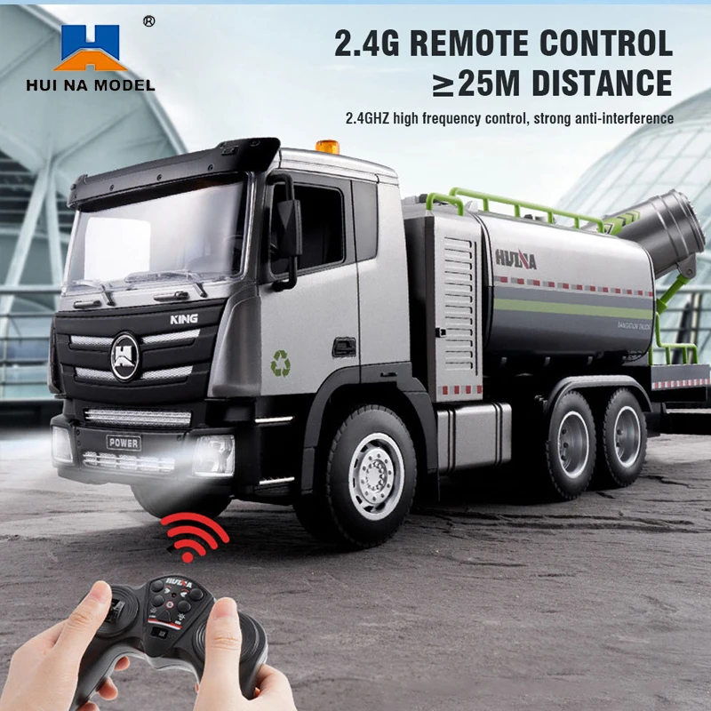 Huina Rc Truck Cars Remote Control Car 9-Channel Dust Suppression Spray Gun Sanitation Vehicle Cleaning Sprinkler Toys for Kid