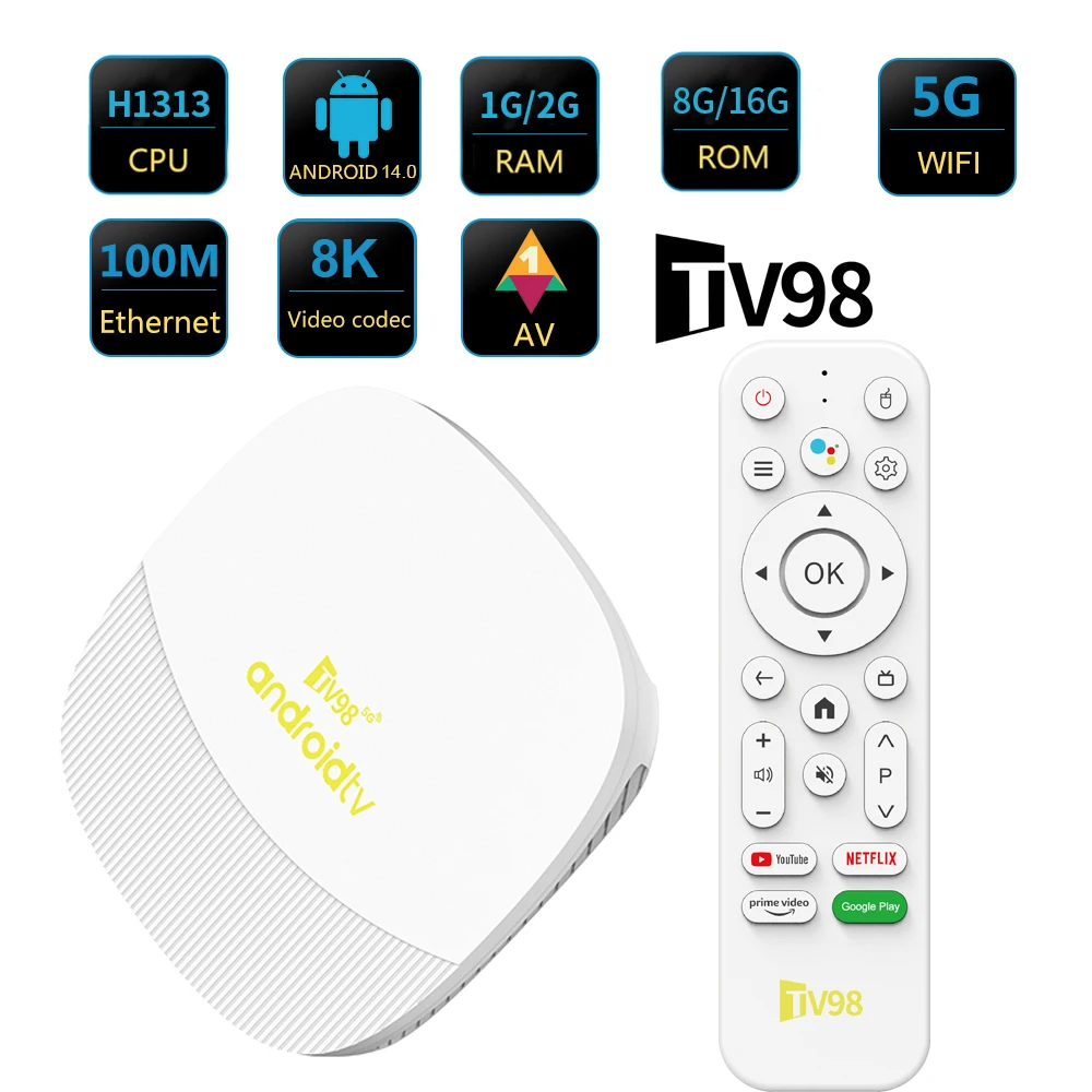 ТВ-приставка TV98 ATV MAX Smart TV Box с процессором Allwinner H313, 2 ГБ оперативной памяти, 16 ГБ встроенной памяти, Android 14, поддержкой 8K HDR, двухдиапазонным Wi-Fi 2.4G и 5G, Bluetooth 5.0 и голосовым пультом дистанционного управления.