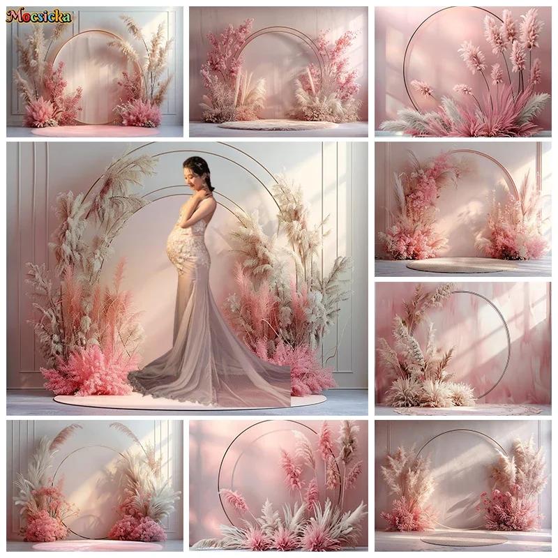 

Mocsicka Photography Backdrops Birthday Party Pink Pampas Grass Arched Background Adult Maternity Portrait Photo Banner Studio