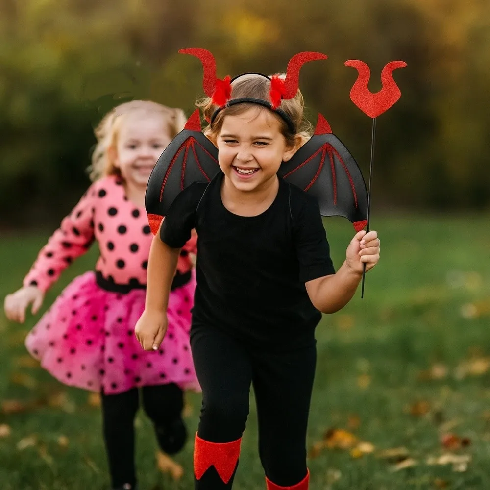 3Pcs/Set Funny Halloween Cosplay Props Bat Wings with Tail Wand Halloween Costume Accessories Demon Horn Hair Band Party