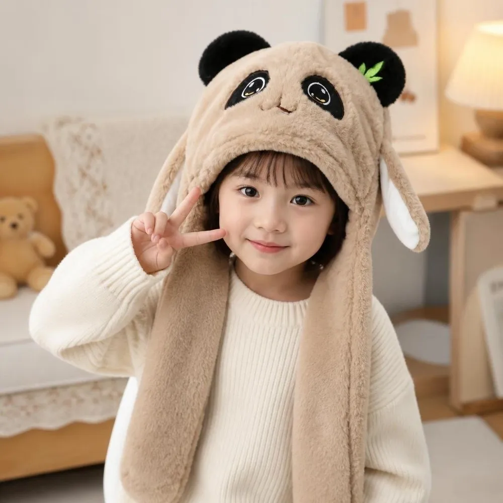 Super Cute Thickened Kids Ear Protection Hat Breathable Windproof Panda Warm Cap Plush Soft Moving Ear Hat Unisex