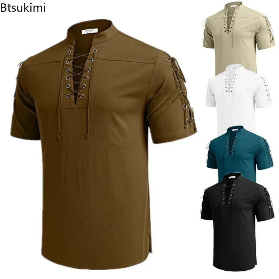 New Men's Summer V-neck Short-Sleeved T-shirt Breathable Cotton Linen Loose Casual Lace Up Tops Fashion Solid Vintage Tees Male