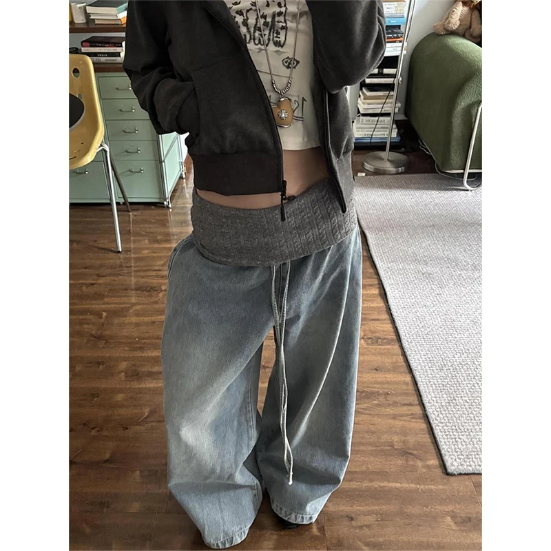 

Американские ретро потертые плюшевые лоскутные джинсы женские уличные прямые свободные широкие брюки мешковатые повседневные брюки