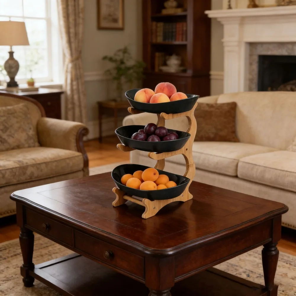 Display Rack Bamboos Fruit Stand Multi Layer Stable Base Basket Stand Oval Tray Shape Detachable Design Vegetable Stand Kitchen