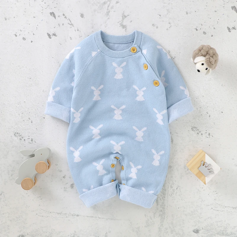 Newborn Baby Romper Cotton Knitted Infant Girls Boys Jumpsuit 0-18M Long Sleeve Autumn Toddler Kid Clothes Cute Rabbits Overalls